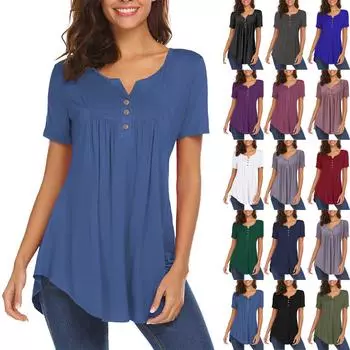 Женская туника с коротким рукавом, свободные топы, повседневные топы больших размеров, плиссированная туника на пуговицах, повседневные летние футболки для женщин L синий