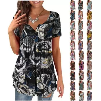 Женская туника с коротким рукавом, свободные топы, повседневные топы больших размеров, плиссированная туника на пуговицах, повседневные летние топы с цветочным принтом для женщин L бежевый