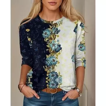 Женская туника с принтом, повседневная, модная, повседневная, с длинным рукавом, с круглым вырезом, синяя, весна-осень S