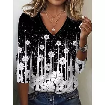 Женская туника с принтом, повседневная, модная, повседневная, с длинным рукавом, с V-образным вырезом, белая, весна-осень S