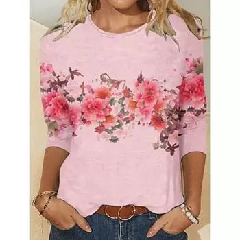 Женская туника с принтом, повседневная, модная, повседневная, с длинным рукавом, с круглым вырезом, розовая, весна-осень S