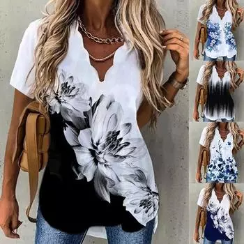 Женская туника с v-образным вырезом и цветочным принтом, летняя базовая футболка-блузка