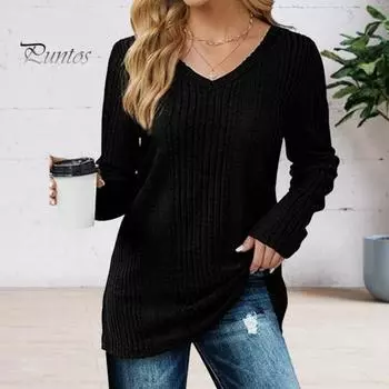 Женская туника-свитер с V-образным вырезом и длинным рукавом, однотонные ребристые повседневные топы, облегающие трикотажные свободные топы на осень L