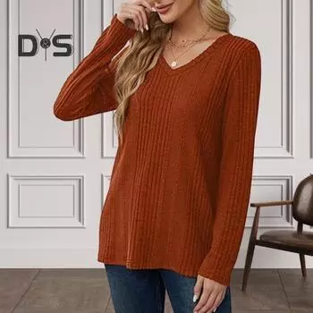 Женская туника-свитер с V-образным вырезом и длинным рукавом, однотонные ребристые повседневные топы, облегающие трикотажные свободные топы на осень L