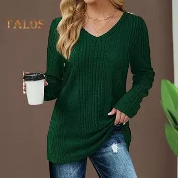 Женская туника-свитер с V-образным вырезом и длинным рукавом, однотонные ребристые повседневные топы, облегающие трикотажные свободные топы на осень XL