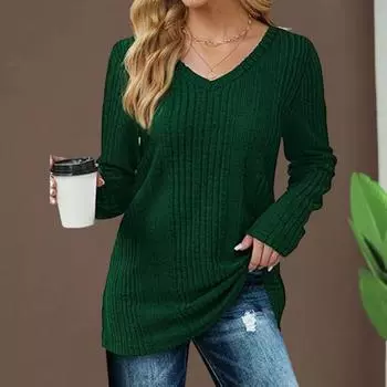 Женская туника-свитер с V-образным вырезом и длинным рукавом, однотонная, ребристая, повседневная, облегающая, трикотажная XL верблюд