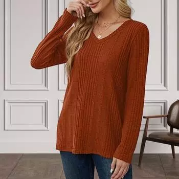 Женская туника-свитер с V-образным вырезом и длинным рукавом, однотонные ребристые повседневные топы, облегающие трикотажные свободные топы на осень S