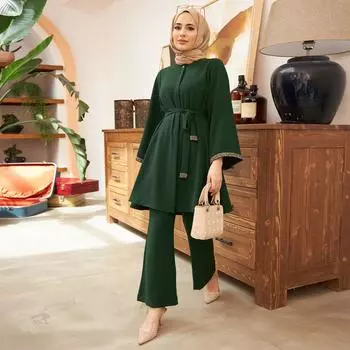 Женская туника в испанском стиле, брюки, костюм, новый сезон, мусульманский комплект, исламский комбинированный пояс с рукавами, камнями и пуговицами, потайная повязка XL кислотные зеленого