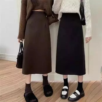 Женская юбка А-силуэта, эластичная, с высокой талией, однотонная, ретро-юбка с разрезом, однотонная, осень-зима, утягивающая юбка S кофейный