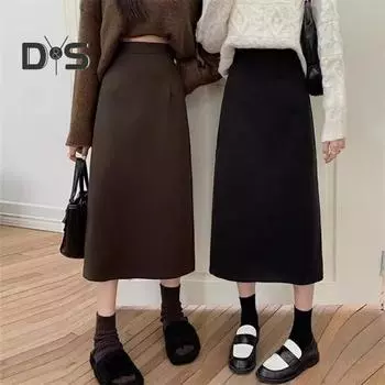 Женская юбка А-силуэта, эластичная, с высокой талией, однотонная, ретро-юбка с разрезом, однотонная, осень-зима, утягивающая юбка S чёрный