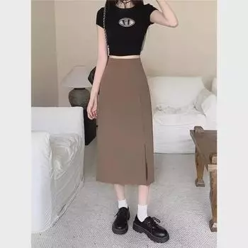 Женская юбка А-силуэта больших размеров - летняя облегающая миди с высокой талией 4XL абрикосовый