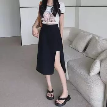 Женская юбка А-силуэта черного цвета с разрезом – Высокая талия, облегающий крой, средняя длина, коллекция осень 2022 г. XS 70-82 чёрный