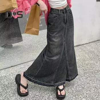 Женская юбка А-силуэта, джинсовая ретро-юбка с карманами в стиле пэчворк, однотонная, с высокой талией, застежкой-молнией, длиной до щиколотки, с рваными краями, женская макси-юбка 4XL синий