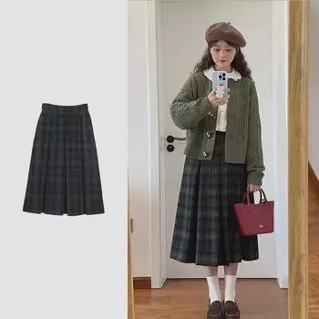 Женская юбка А-силуэта из французской шерсти в клетку с плиссе на осень/зиму 2023 г. S зелёный