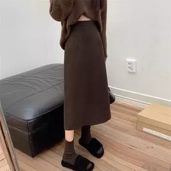 Женская юбка А-силуэта с эластичной высокой талией, однотонная ретро-юбка с разрезом, однотонная осень S чёрный