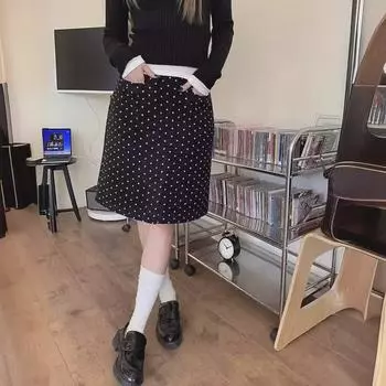 Женская юбка А-силуэта с разрезом в ретро-горошек - узкая, с высокой талией, летний дизайн (Маленький размер) Extra Large чёрный