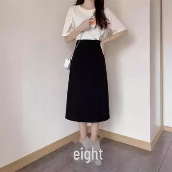 Женская юбка А-силуэта с высокой талией и разрезом сзади — корейская мода, облегающий крой, длина от средней до длинной 3XL чёрный