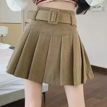 Женская юбка А-силуэта с завышенной талией из вельвета и плиссировкой 2024 года — очарование в стиле колледжа