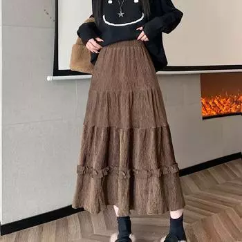 Женская юбка А-силуэта, юбка из бархата с грибковой окантовкой, новинка осени, юбка средней длины абрикосового цвета с высокой талией S