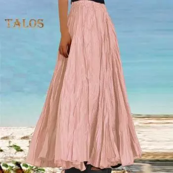 Женская юбка, эластичная, с высокой талией, плиссированная макси-юбка, однотонная, трапециевидная, длиной до щиколотки, с большим подолом, длинная юбка, одежда для работы и отдыха S розовый