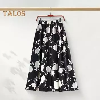 Женская юбка, эластичная юбка А-силуэта с высокой талией, принт в виде цветка розы, юбка миди с плиссированным подолом, для работы, отдыха, повседневной носки XL белый