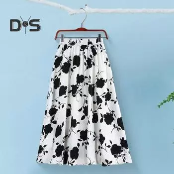 Женская юбка, эластичная юбка А-силуэта с высокой талией, принт в виде цветка розы, юбка миди с плиссированным подолом, для работы, отдыха, повседневной носки XL чёрный