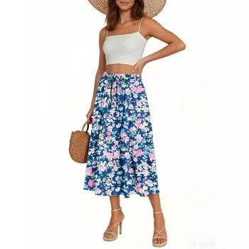Женская юбка Богемная юбка С цветочным принтом Повседневная Темпераментная Юбка с карманами XXL синий