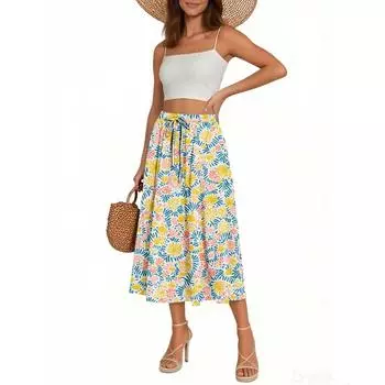Женская юбка Богемная юбка С цветочным принтом Повседневная Темпераментная Юбка с карманами L