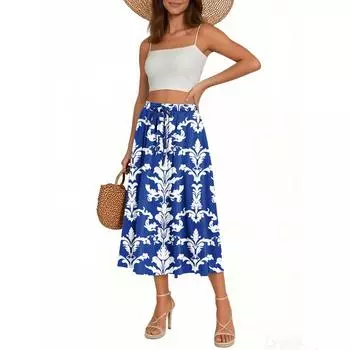 Женская юбка Богемная юбка С цветочным принтом Повседневная Темпераментная Юбка с карманами L синий