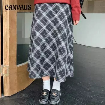 Женская юбка больших размеров с высокой талией в клетку, осенне-зимняя юбка-трапеция, юбка-зонтик XL чёрный