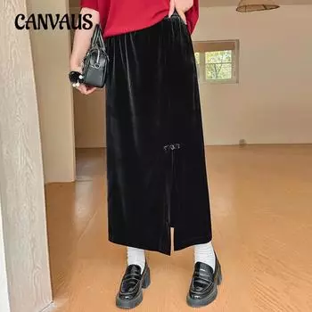 Женская юбка больших размеров в деревенском стиле с пряжкой-пластиной, облегающая юбка, бархатная юбка, осенняя юбка А-силуэта с высокой талией XL чёрный