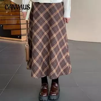 Женская юбка больших размеров в винтажном стиле в клетку с высокой талией, юбка А-силуэта, зимняя юбка с закрытым шаговым швом, облегающая до середины бедра XL кофейный