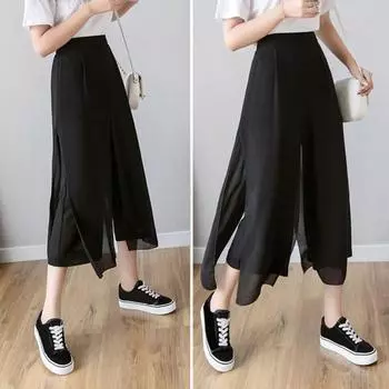 Женская юбка, брюки, эластичные брюки-кюлоты с высокой талией, однотонные двухцветные широкие брюки, шифоновые длинные брюки, повседневная одежда M белый