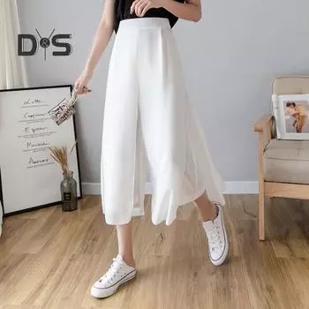 Женская юбка, брюки, эластичные широкие брюки-кюлоты с высокой талией, сплошной цвет, искусственные двойные шифоновые длинные брюки, повседневная одежда M белый