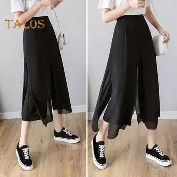 Женская юбка, брюки, эластичные широкие брюки-кюлоты с высокой талией, сплошной цвет, искусственные двойные шифоновые длинные брюки, повседневная одежда M белый