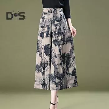 Женская юбка-брюки с принтом в стиле ретро, широкие свободные эластичные брюки с высокой талией и глубоким промежностным швом, юбка-трапеция, длина до щиколотки, брюки для женщин среднего возраста 2XL чёрный