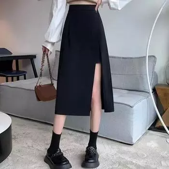 Женская юбка-бюстье осеннего размера плюс, средней длины, с высокой талией, нерегулярным разрезом, черная юбка-запах 5XL чёрный