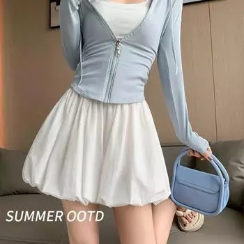 Женская юбка-бутон с низкой посадкой и эластичной резинкой на талии, однотонная юбка трапециевидной формы, широкая мини-юбка свободного покроя с пузырьковым краем, уличная одежда L чёрный