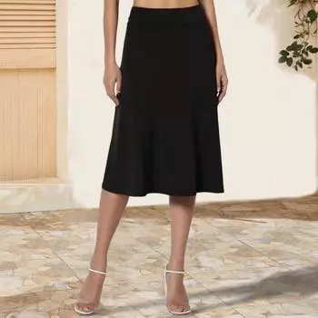 Женская юбка длиной до колена, летняя повседневная юбка-трапеция с высокой талией, расклешенная, эластичная, простая юбка-миди с отворотом S абрикосовый