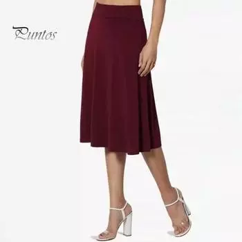 Женская юбка длиной до колена, летняя повседневная юбка-трапеция с высокой талией, расклешенная, эластичная, простая юбка-миди с отворотом S абрикосовый