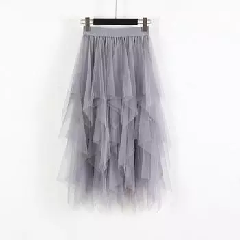 Женская юбка длиной до половины тела из сетки с завышенной талией и цветочным бутоном One Size светло-серый