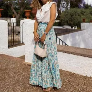 Женская юбка для отпуска, эластичная трапециевидная юбка с высокой талией на шнуровке, большие качели с красочным принтом, гофрированная лоскутная одежда в богемном стиле, пляжное длинное платье в полный рост S зелёный