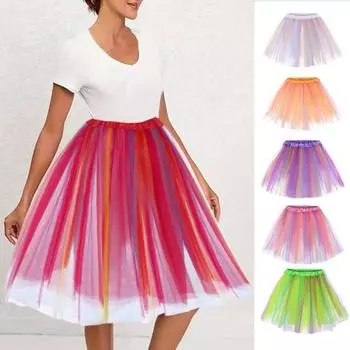 Женская юбка для танцев из тюля с эластичной талией, радужного цвета, балетная пачка, нижняя юбка, разноцветная розы красного
