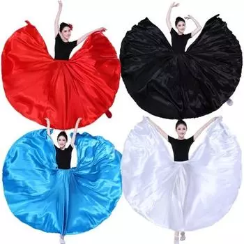 Женская юбка для выступлений с высокой эластичной талией, однотонная плиссированная атласная длинная испанская юбка с очень большим подолом, юбка для свинг-танца, юбка для танца живота 90 cm чёрный