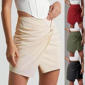 Женская юбка, хлопковая льняная юбка с высокой талией, однотонная юбка на молнии, нерегулярная юбка M армия зеленый