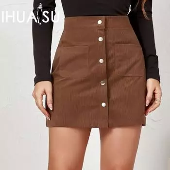 Женская юбка IHUASU осень-зима вельветовая однобортная узкая однотонная юбка-полуториана S чёрный