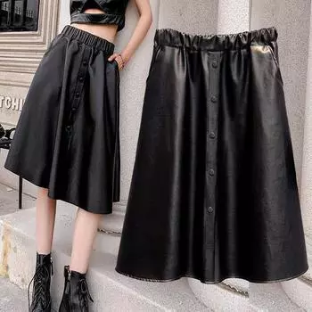 Женская юбка из искусственной кожи, мягкая кожаная юбка с высокой посадкой, однобортная юбка трапециевидной формы миди с эластичной резинкой на талии S чёрный