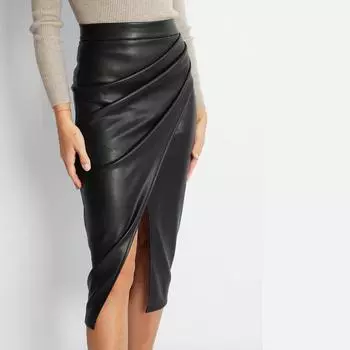 Женская юбка из искусственной кожи с разрезом, весна-осень и зима, высокая талия, молния, плиссированная кожаная юбка, сексуальная юбка на бедрах XS бежевый