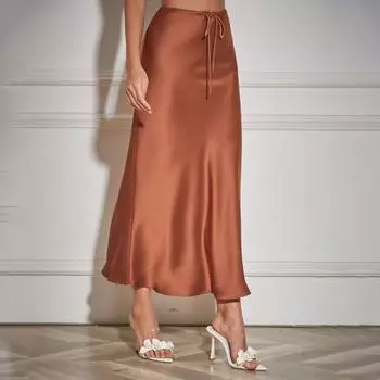 Женская юбка из шелковистого атласа с высокой талией, эластичная однотонная юбка трапециевидной формы с завязками на шнурке, мягкая дышащая повседневная женская юбка-макси M серый