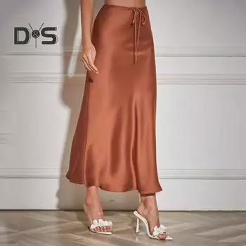 Женская юбка из шелковистого атласа с высокой талией, эластичная, однотонная, длиной до щиколотки, А-силуэт, мягкая, дышащая, повседневная женская макси-юбка M серый